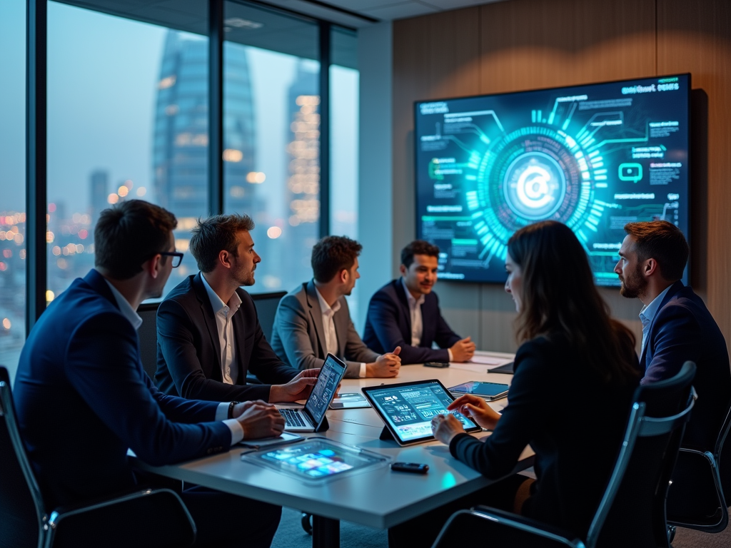 Professionals in a meeting room at night discussing data on a futuristic digital screen. City view in the background.