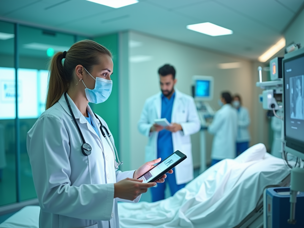 Female doctor with tablet in hospital ward, masked, colleagues and patient in background.