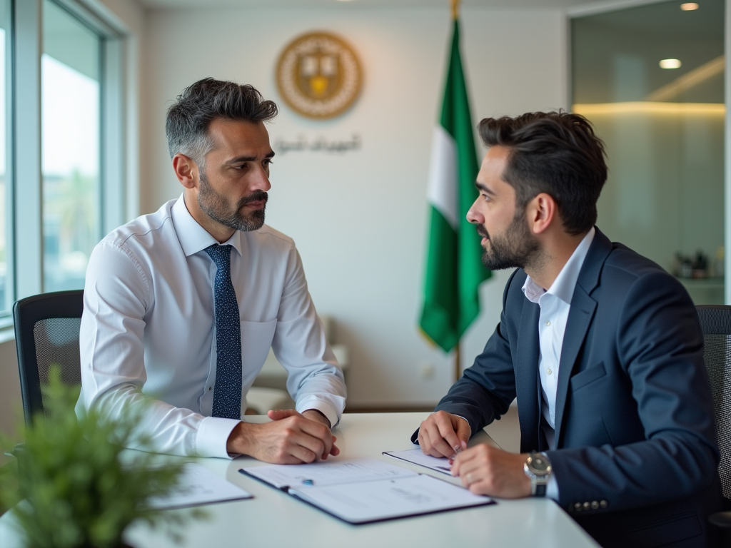 Two businessmen in a meeting, discussing over documents in an office with an emblem in the background.