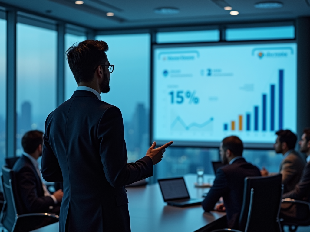 Businessman presenting statistics on a screen to colleagues in a modern office with city view.