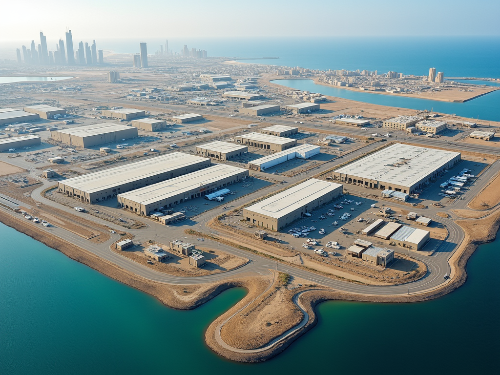 Aerial view of industrial buildings near a coastline with a city skyline in the background.