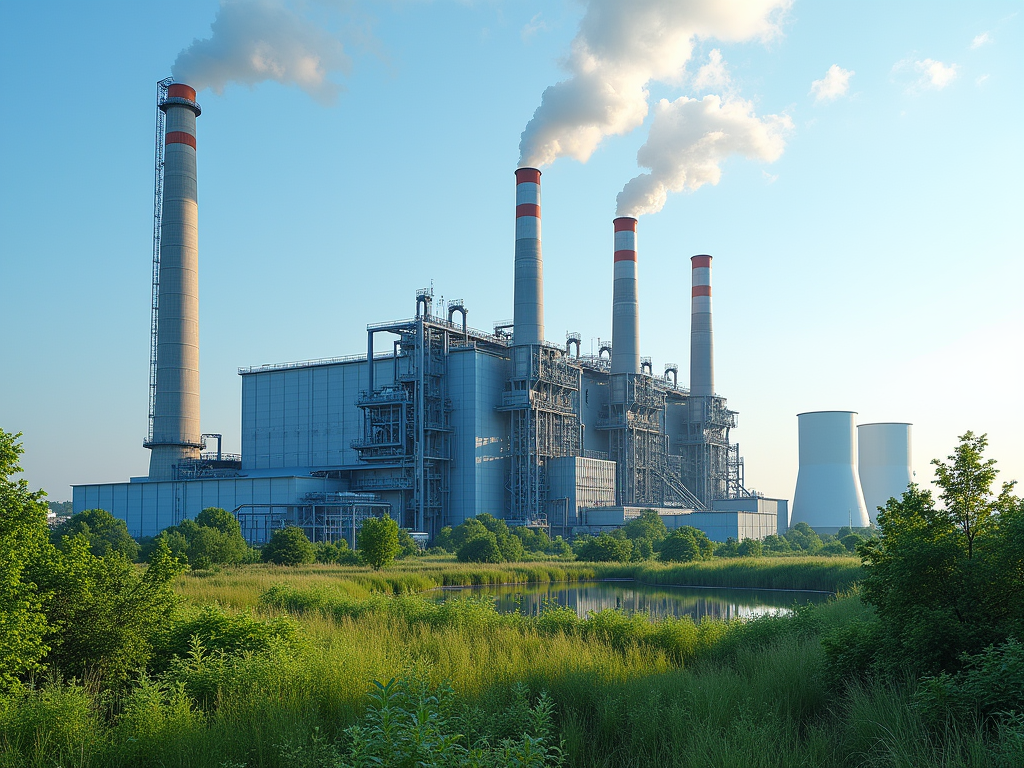 Power plant with smoking chimney stacks, surrounded by lush greenery and a pond.