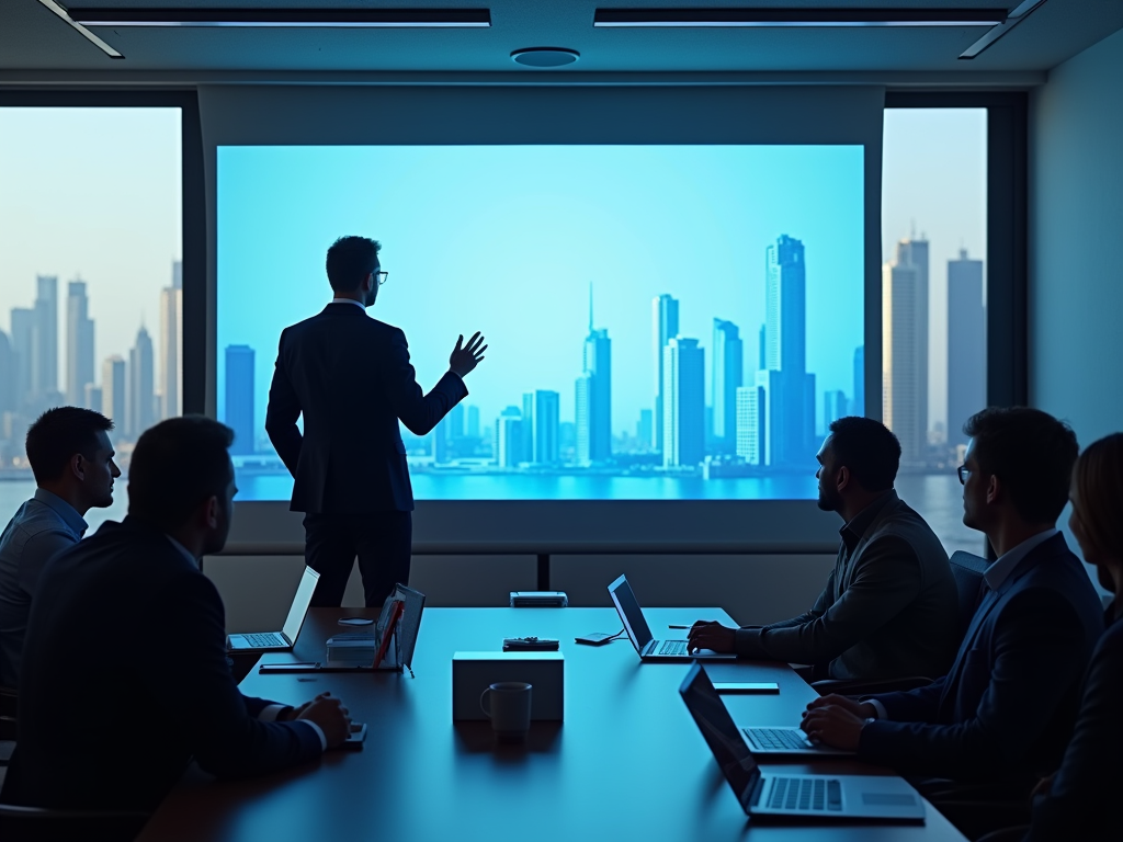 Businessman presenting to colleagues in front of a city skyline projection in a dark conference room.