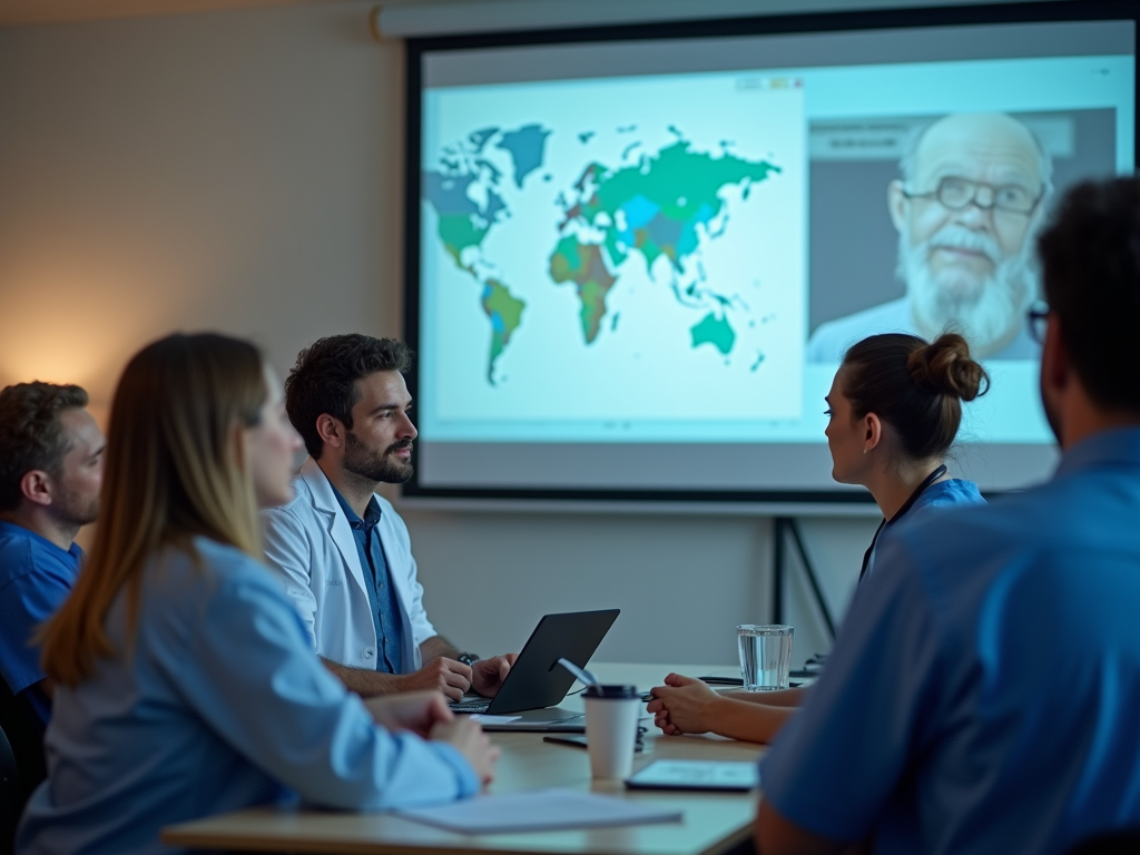 Medical team in discussion, with world map and elderly doctor on presentation screens.