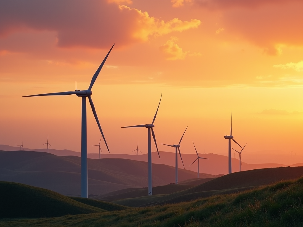 Wind turbines on rolling hills at sunset, under a vibrant orange sky.