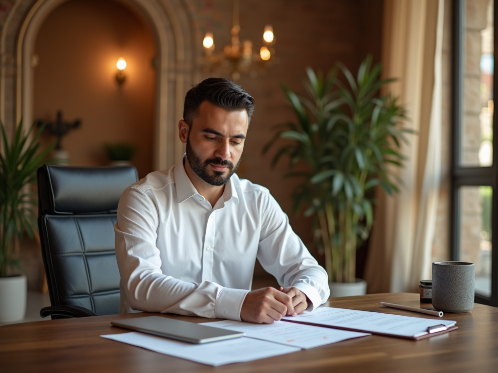 Man reviews documents at elegant office desk with plants and soft lighting.