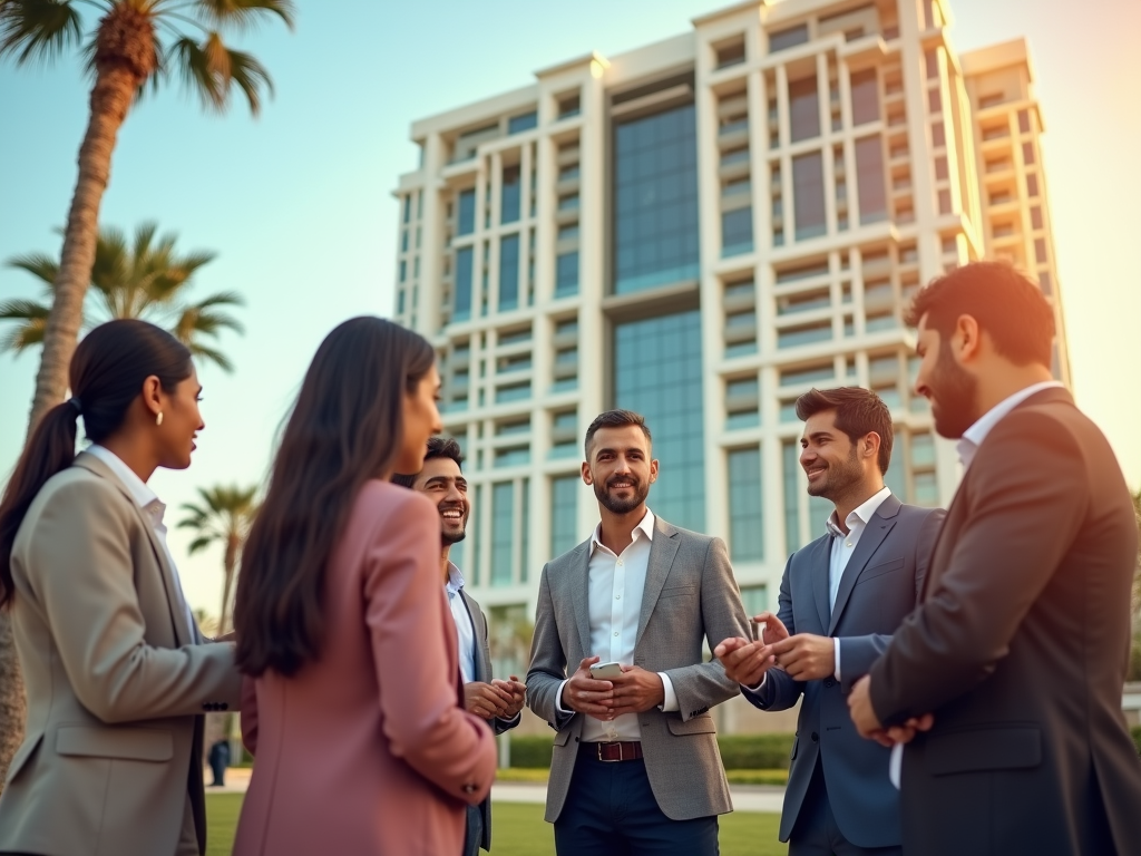 Group of business professionals chatting outdoors with a modern building and palm trees in the background.