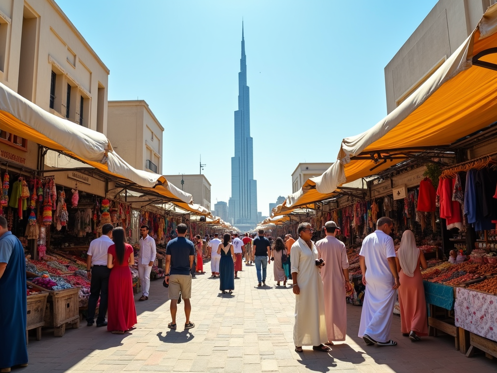 Bustling market street with people shopping under colorful awnings, skyscraper in the background.