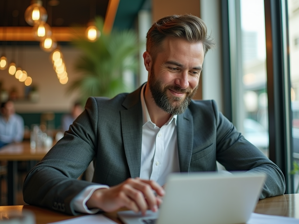 Smiling bearded man in a suit working on a laptop in a cafe with blurred background.