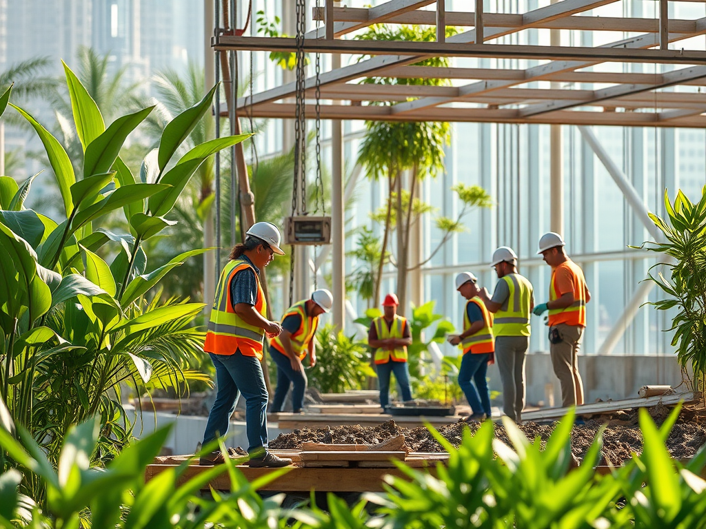 Workers in safety vests and helmets are planting in a greenhouse surrounded by lush greenery and structures.