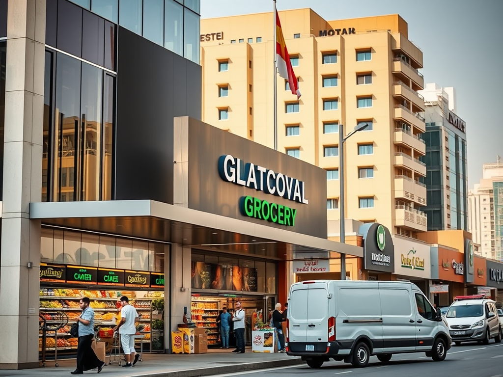 Glatcoval Grocery with shoppers outside, surrounded by various buildings and a delivery van parked nearby.