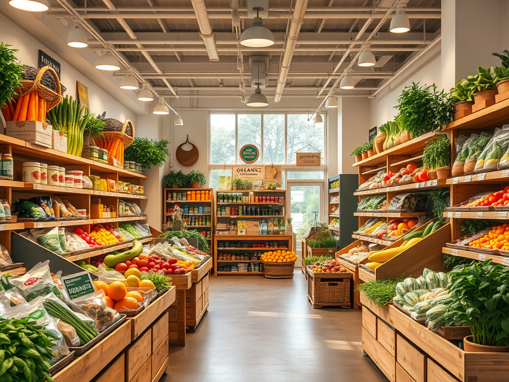 A bright, organized grocery store aisle filled with fresh fruits and vegetables in wooden display crates.