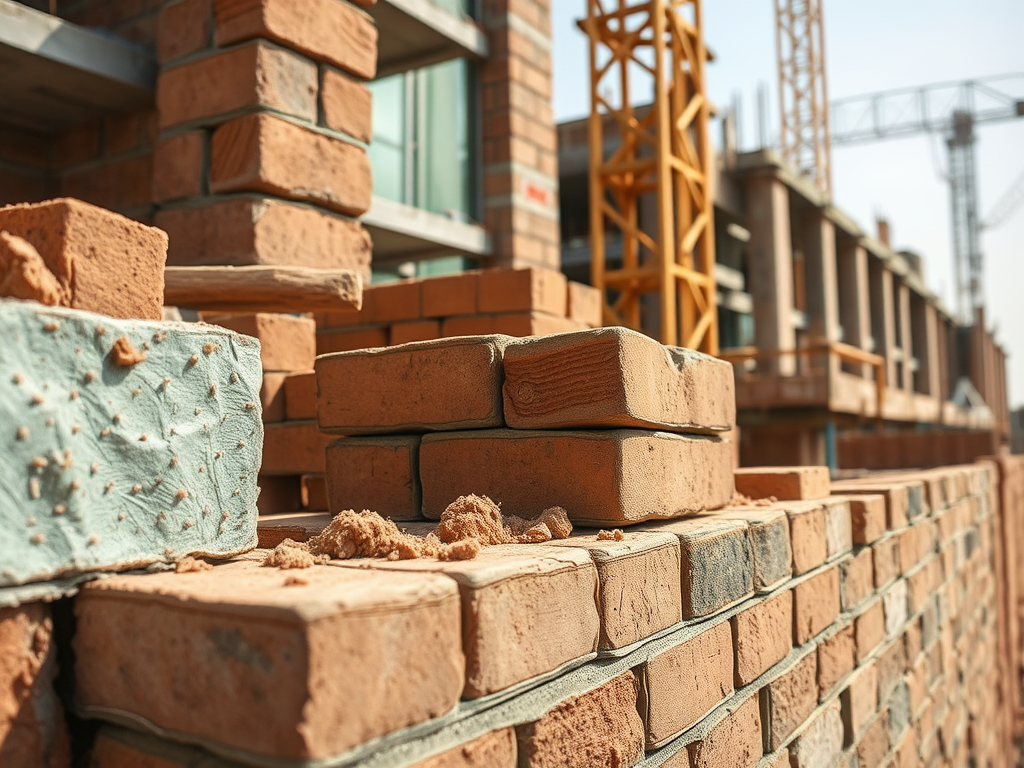 A stack of bricks on a construction site, with a building and cranes visible in the background.