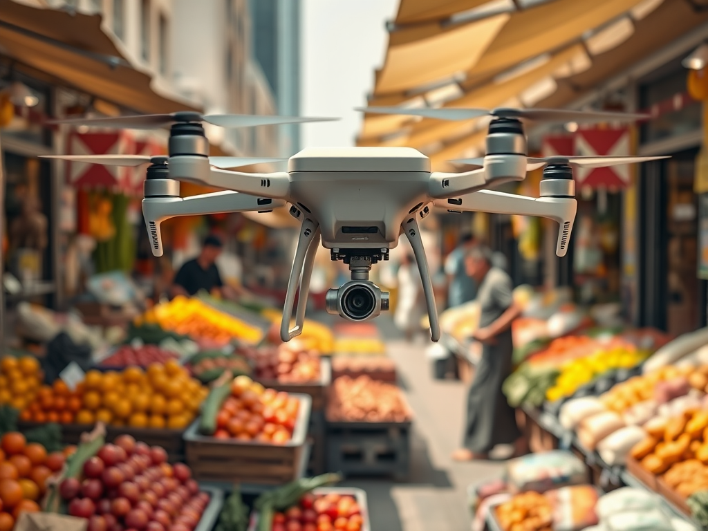 A drone hovers above a vibrant market filled with colorful fruits and vegetables, capturing the bustling scene below.