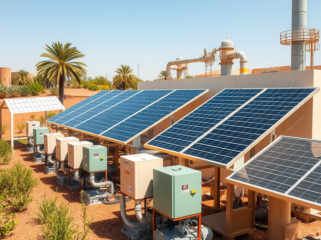 Solar panels set against a clear blue sky, with machinery and palm trees in a desert landscape.