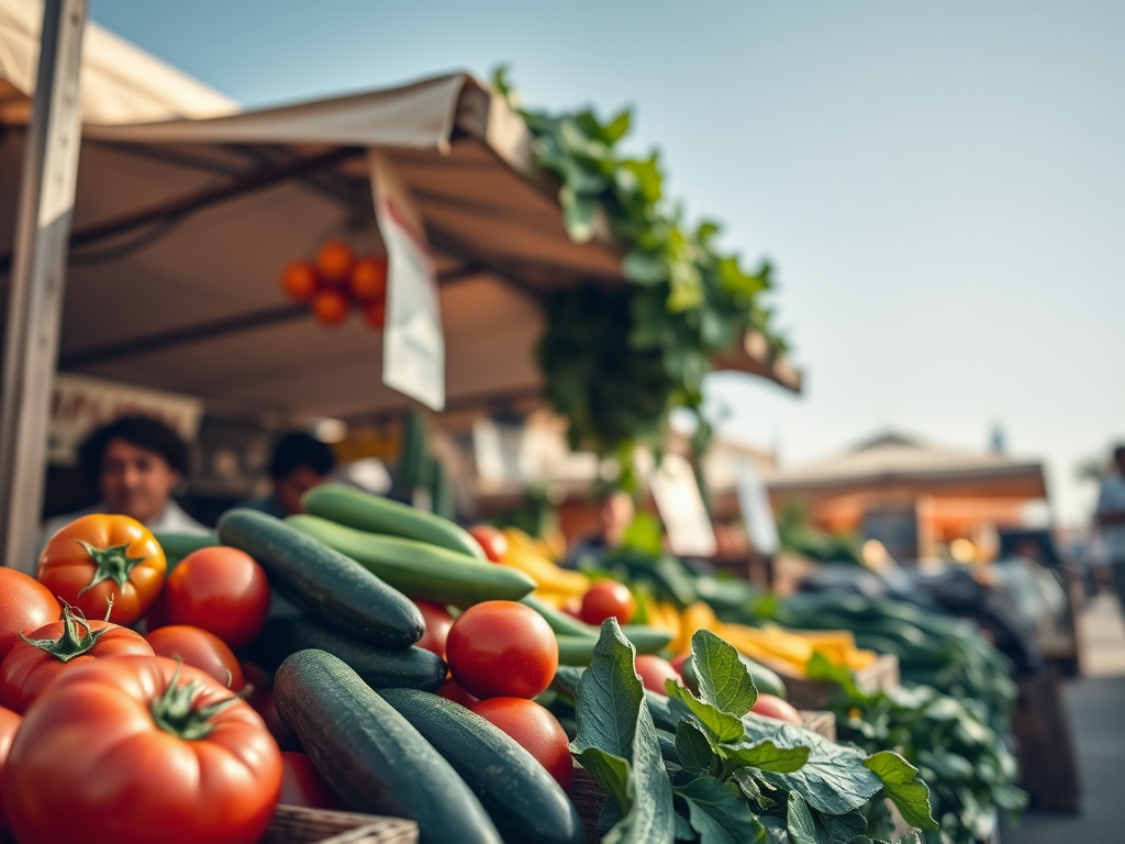 A vibrant farmers market display featuring fresh tomatoes, cucumbers, and various vegetables under a sunlit canopy.