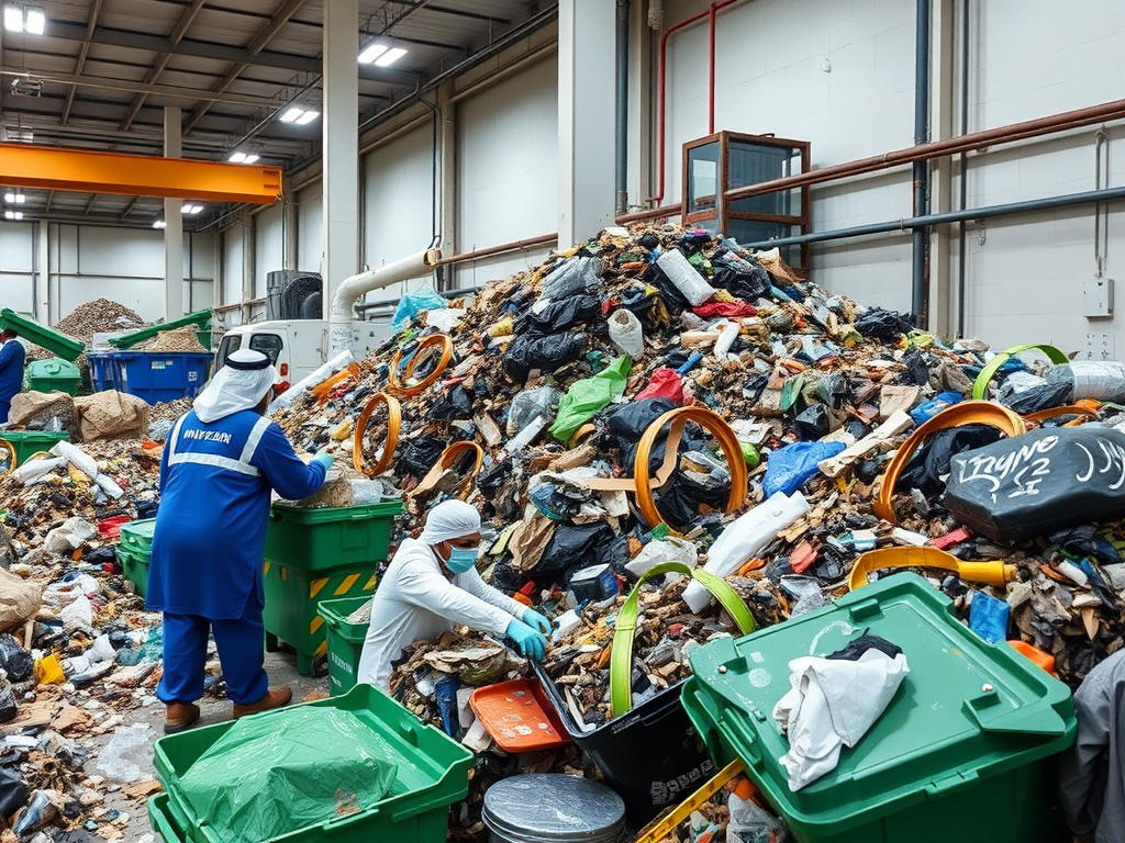 Workers sorting through a large pile of mixed waste in a recycling facility, with green bins in the foreground.