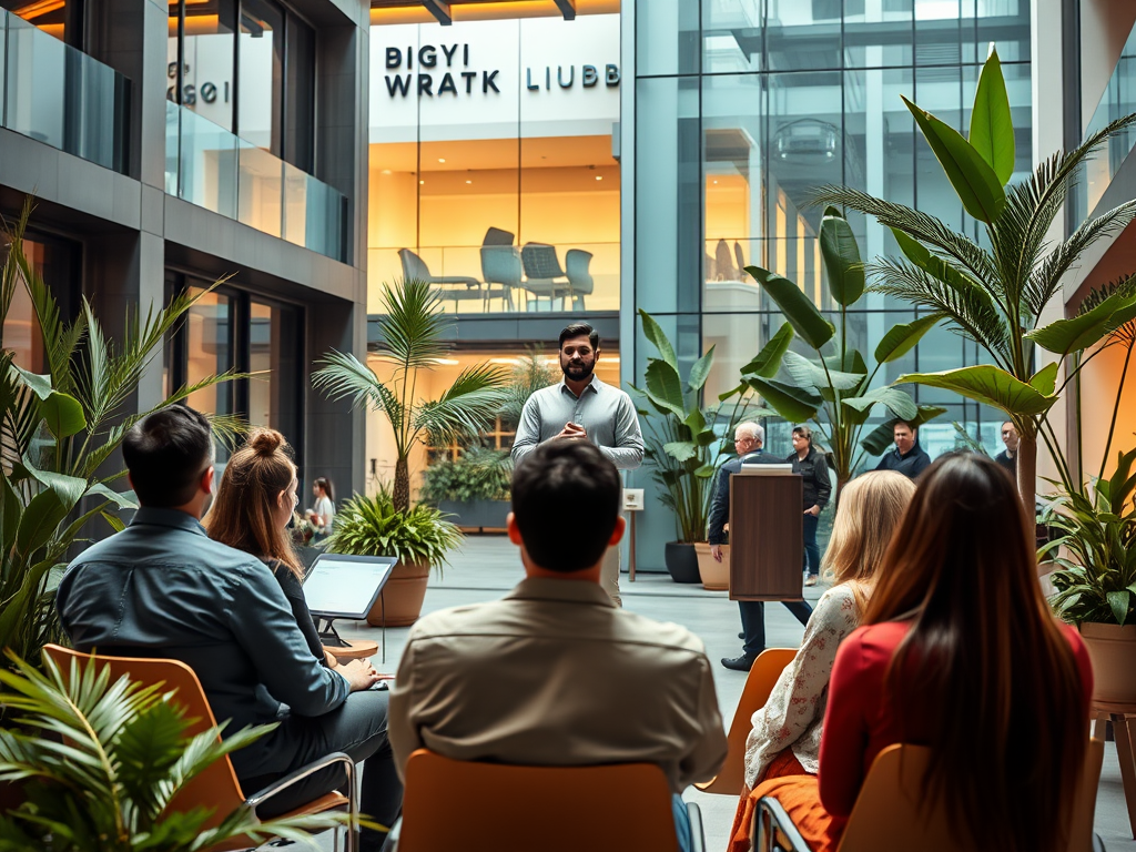 A speaker addresses an audience surrounded by plants in a modern indoor setting with large windows.