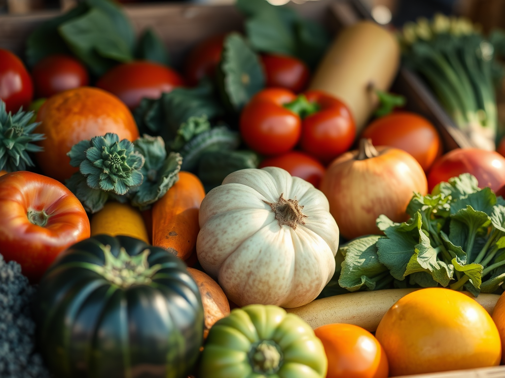 A colorful assortment of fresh vegetables, including tomatoes, pumpkins, greens, and squash, displayed in a basket.