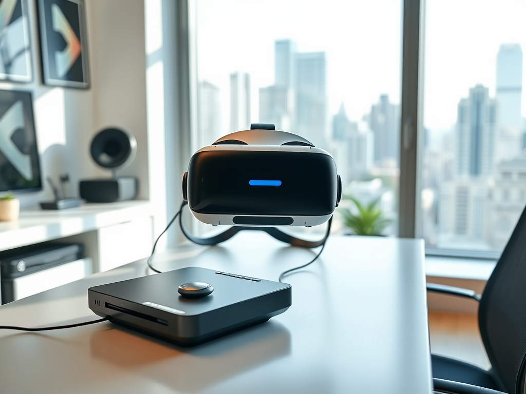 A virtual reality headset sits on a desk next to a device, with a city skyline visible through the window.