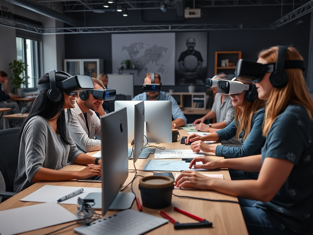 A group of people wearing VR headsets engages with computers in a modern classroom setting.