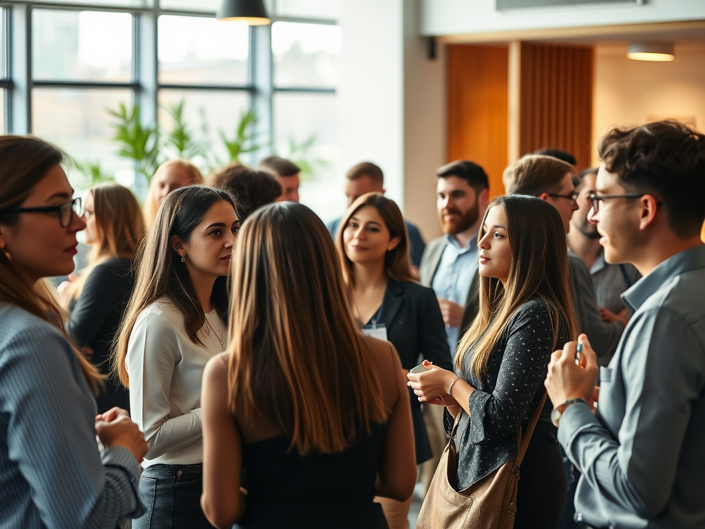 A group of professionals engaging in conversation in a well-lit, modern office space.