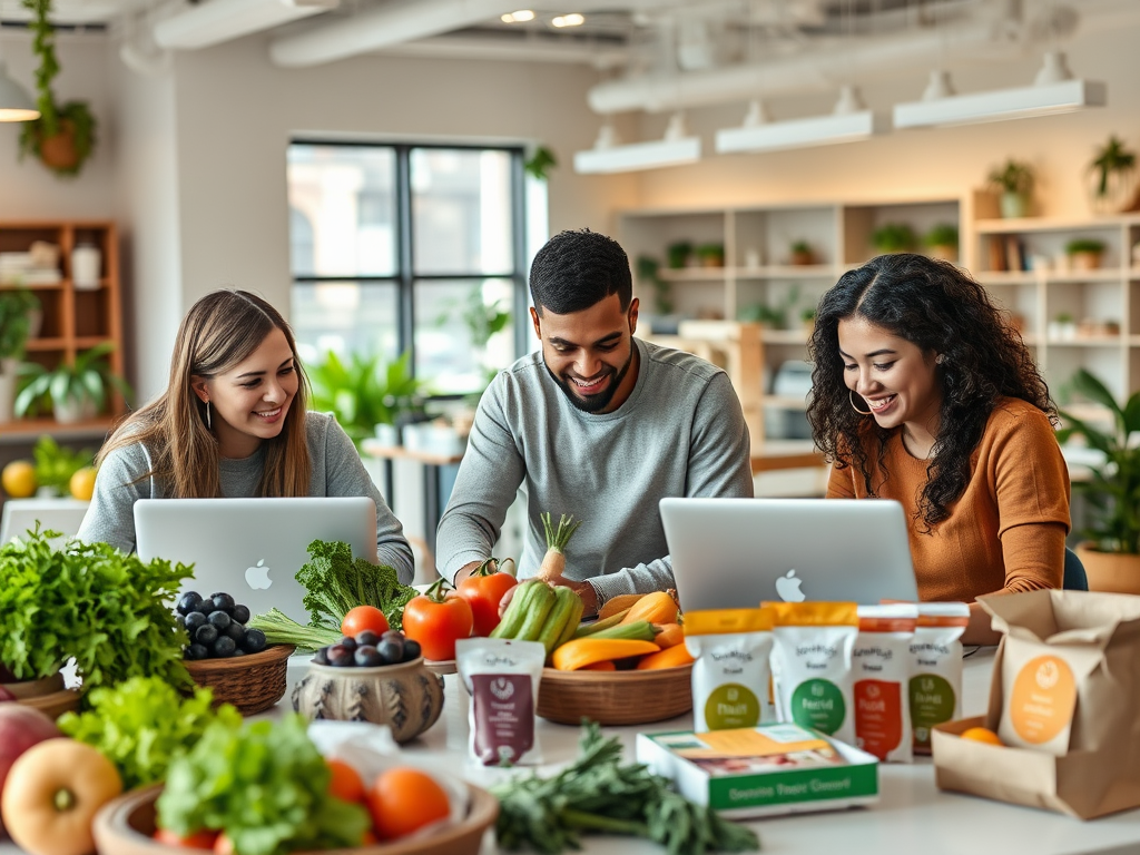 Three young adults sit at a table filled with fresh fruits and vegetables, working on laptops and smiling.